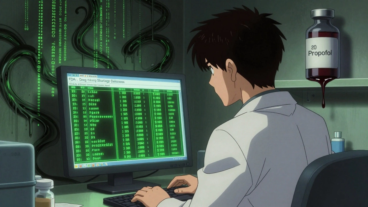 A pharmacist faces a screen where FDA data twists into living ink, while a propofol vial bleeds from its expired label.