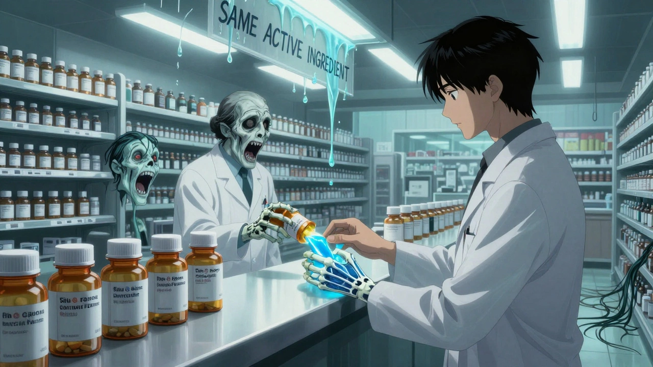 A pharmacist hands a generic pill to a customer whose hand is translucent, revealing glowing veins matching a brand logo.