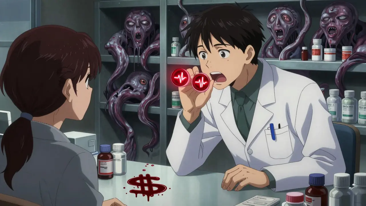 A pharmacist whispers to a patient as generic pills twist into faceless figures, blood dripping from bottles onto the floor.