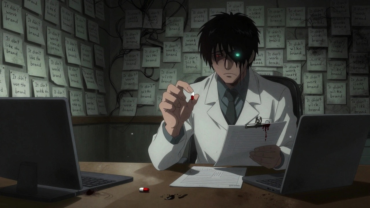 A psychiatrist&#039;s office filled with handwritten notes of failed generic experiences, one patient holds a pill nervously.