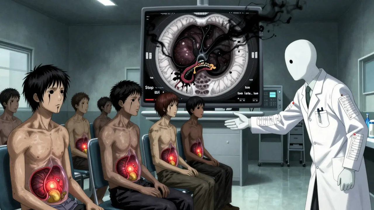 A row of transparent patients revealing necrotic pancreases in an ER, one doctor made of prescription labels, with a CT scan showing black rot.