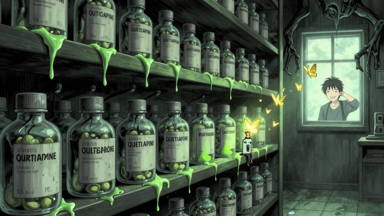 A tiny buspirone bottle on a shelf releasing golden butterflies, while heavier medications loom as monstrous, oozing forms in a horror-inspired pharmacy.