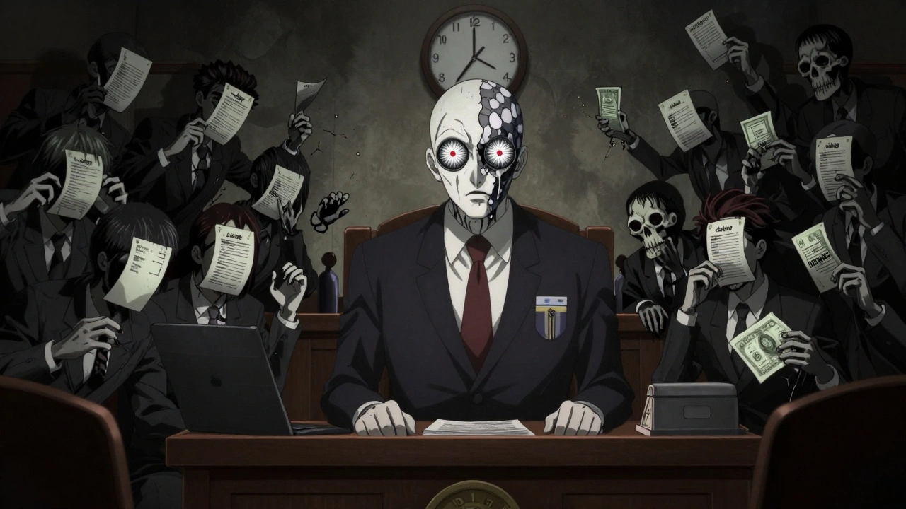 A twisted courtroom scene with a lawyer&#039;s face melting into patents and a bone clock ticking down.