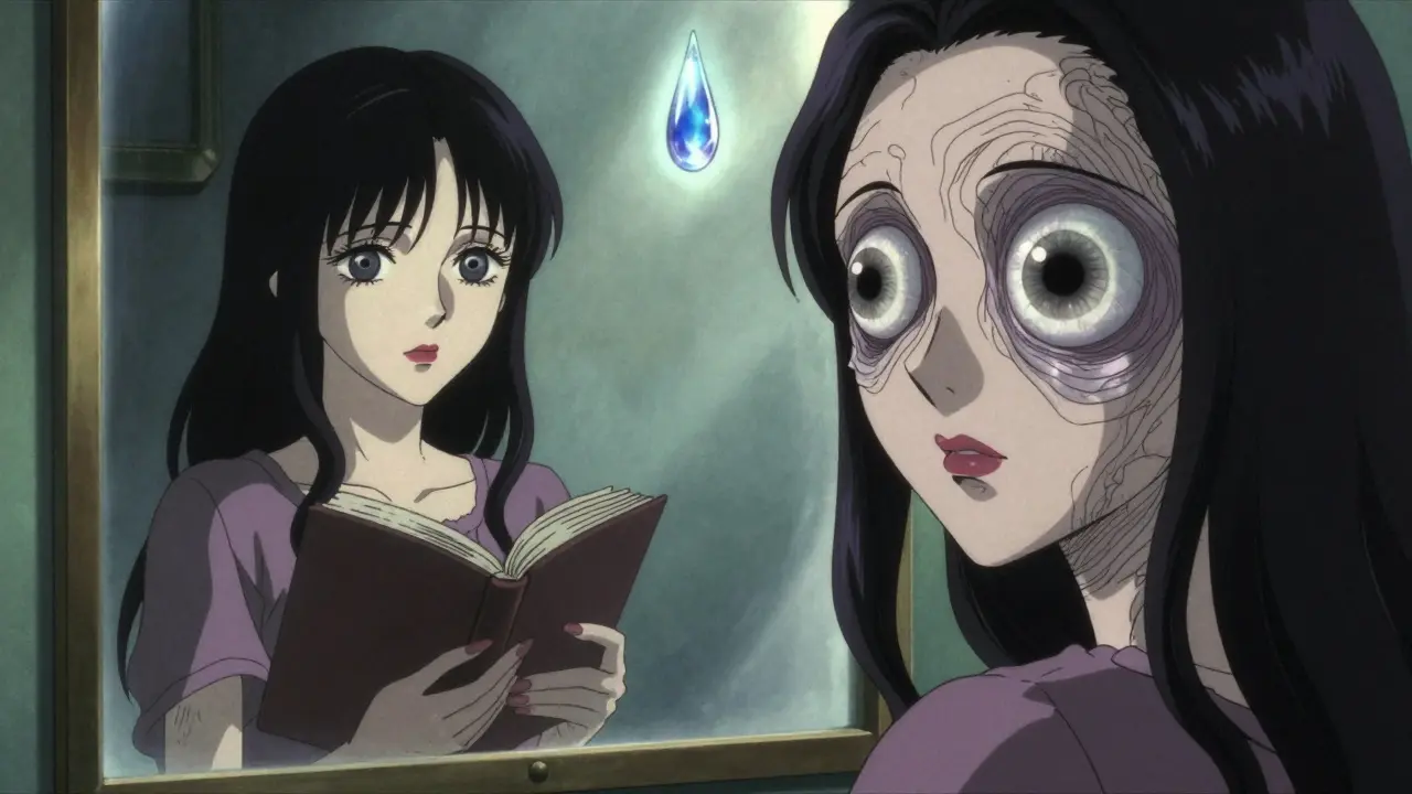 A woman's mirror reflection shows young and aged eyes, lens layers peeling into spiral voids.