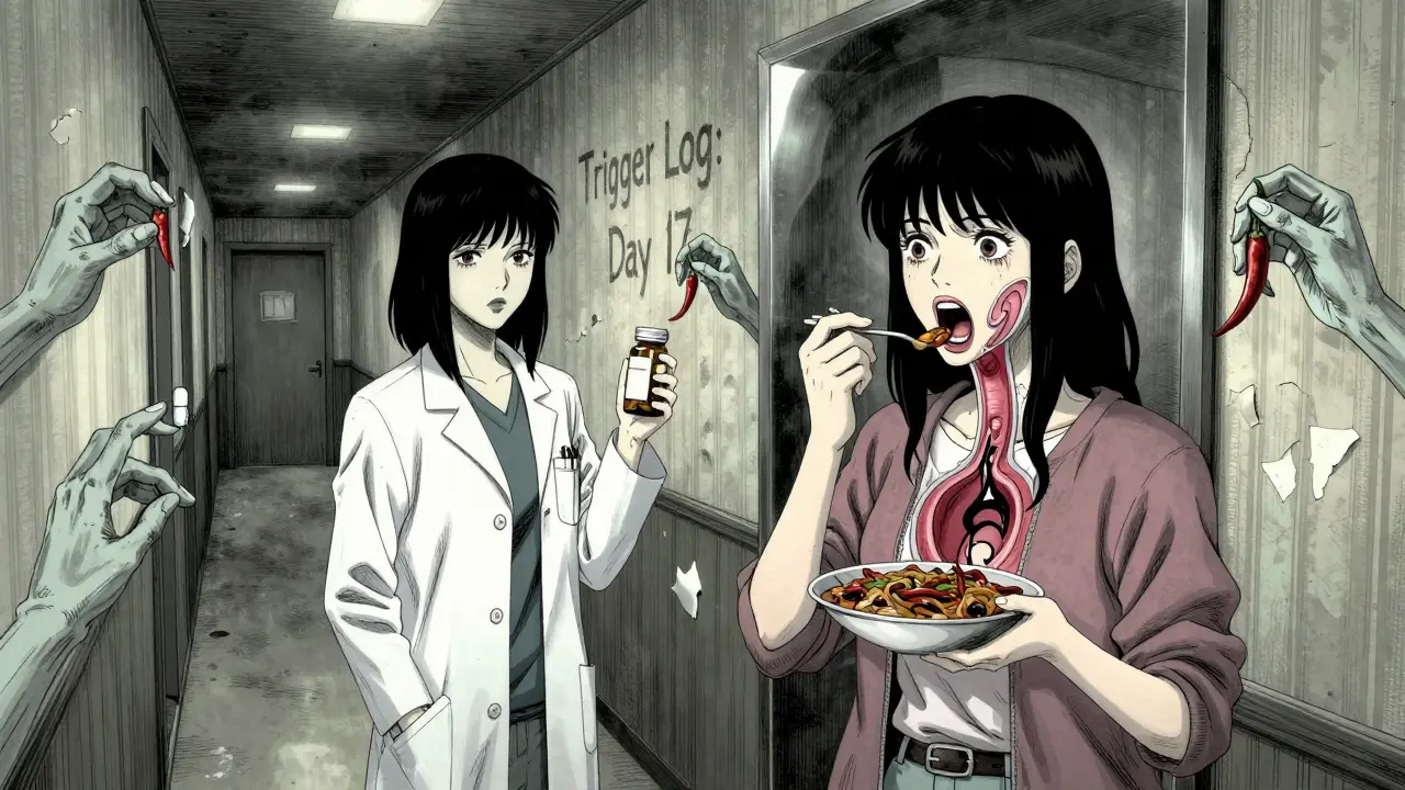 A woman's reflection shows her throat's damaged sphincter oozing acid, surrounded by floating pills and chili peppers.