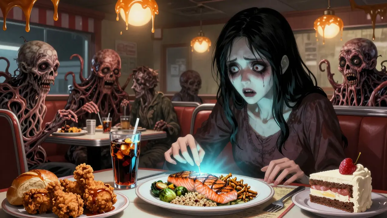 A woman at a diner confronted by monstrous junk food, while healthy food glows safely beside her in Junji Ito horror style.