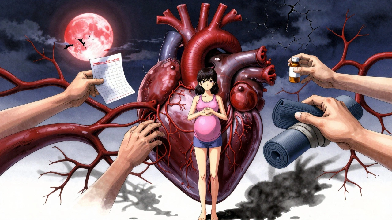 A woman faces a monstrous heart made of arteries with reaching hands, representing pregnancy, stress, and microvascular disease as dark shadows creep up her legs.