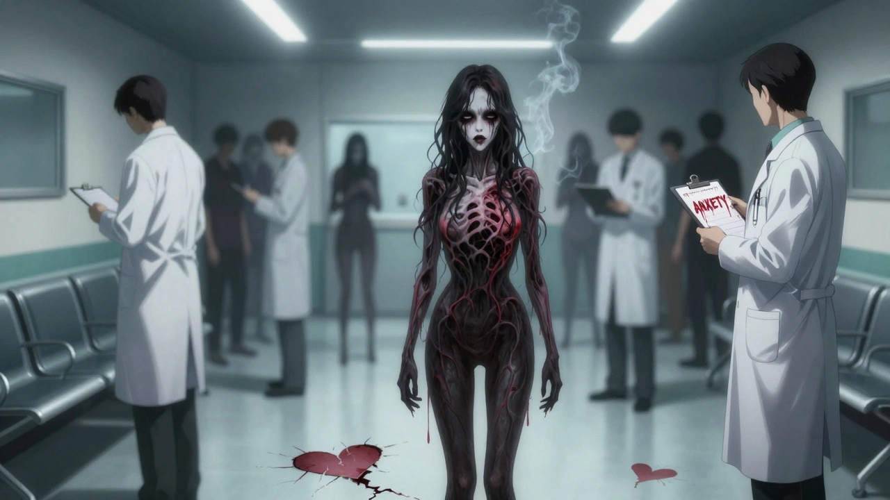 A woman in an ER is ignored by faceless doctors as ghostly smoke rises from her chest, with the word &#039;ANXIETY&#039; dripping in red ink.