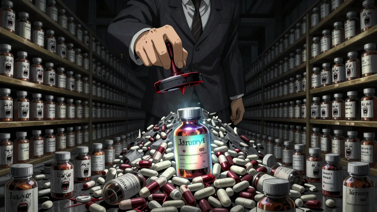 Endless pill bottles with screaming faces, a faceless figure crushing a failing vial atop a mountain of rejections.
