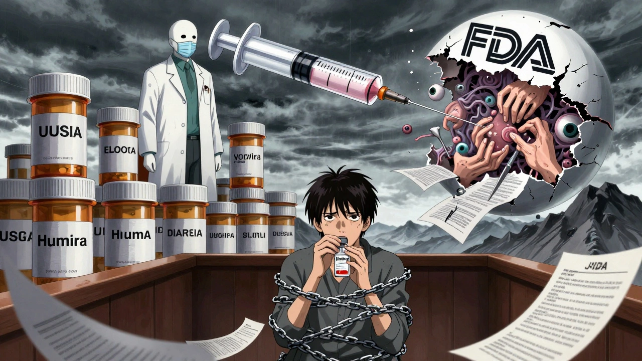 Giant pharmacist figures atop prescription bottles, a terrified patient chained by state laws, and a cracking FDA seal.