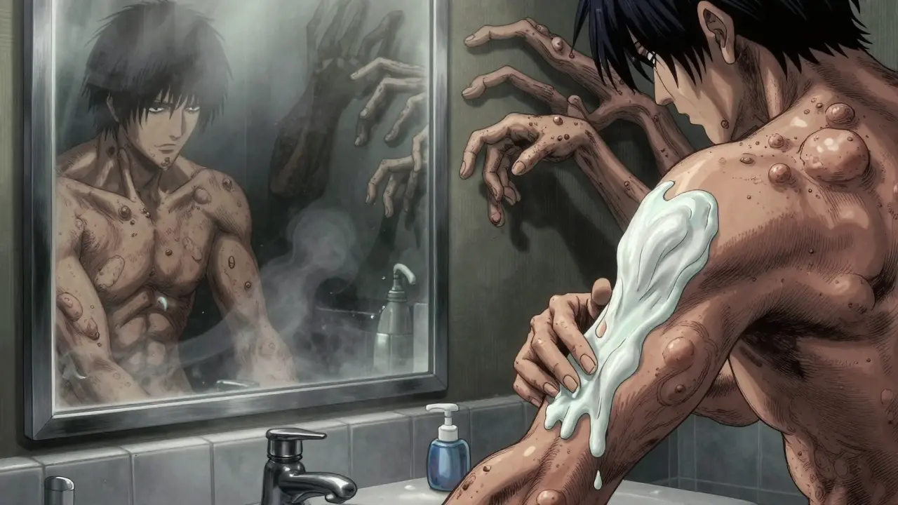 Hand applying cream to skin as bumps seem to move, distorted shadows surround in background.