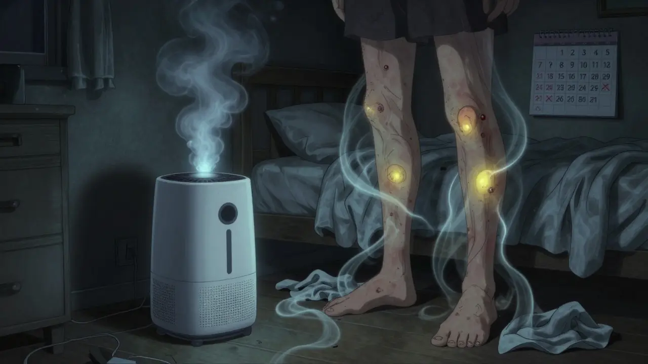 Legs with glowing bumps in a dim bedroom, mist from humidifier curling like ghostly tendrils.