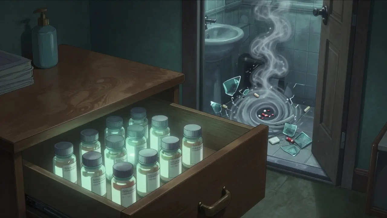 Neatly stored medications in a moonlit bedroom drawer, contrasted with a swirling vortex of decay emerging from the bathroom.