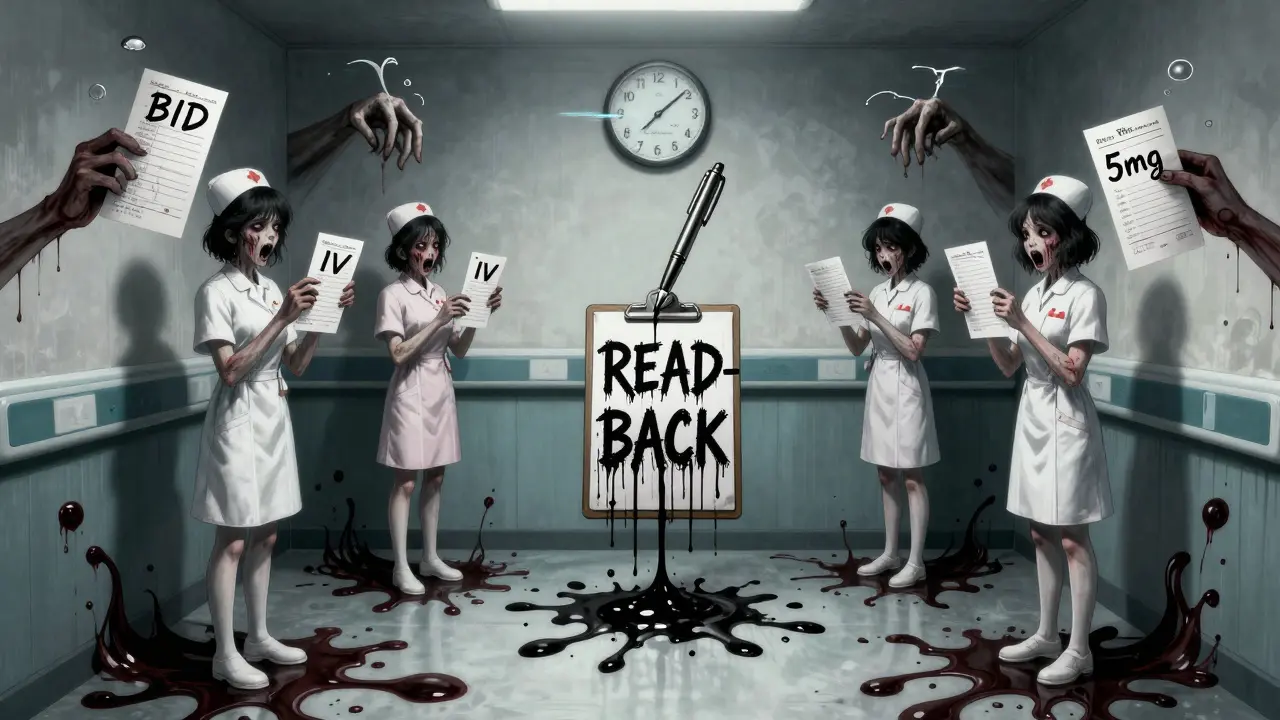Nurses frozen in horror as spectral medication errors drip from walls, with a hovering pen spelling 'READ-BACK' in blood.