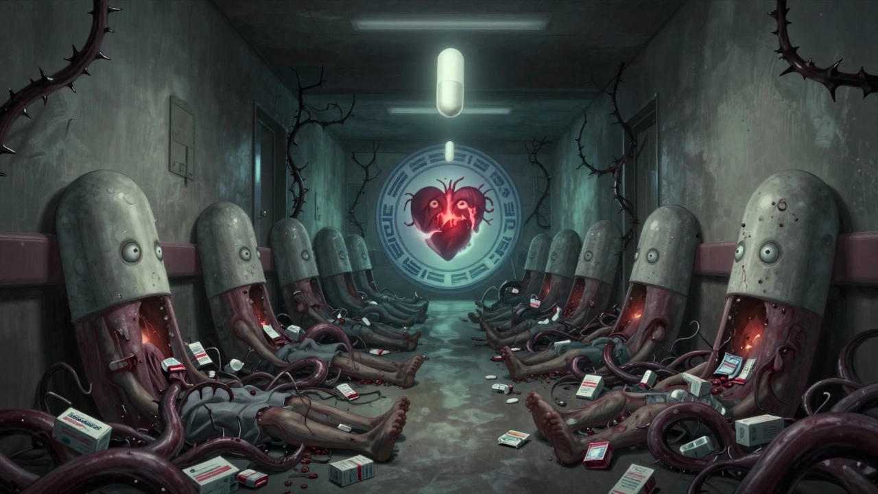 Patients dissolve into pill shapes as a glowing generic tablet descends, burning away patent vines.