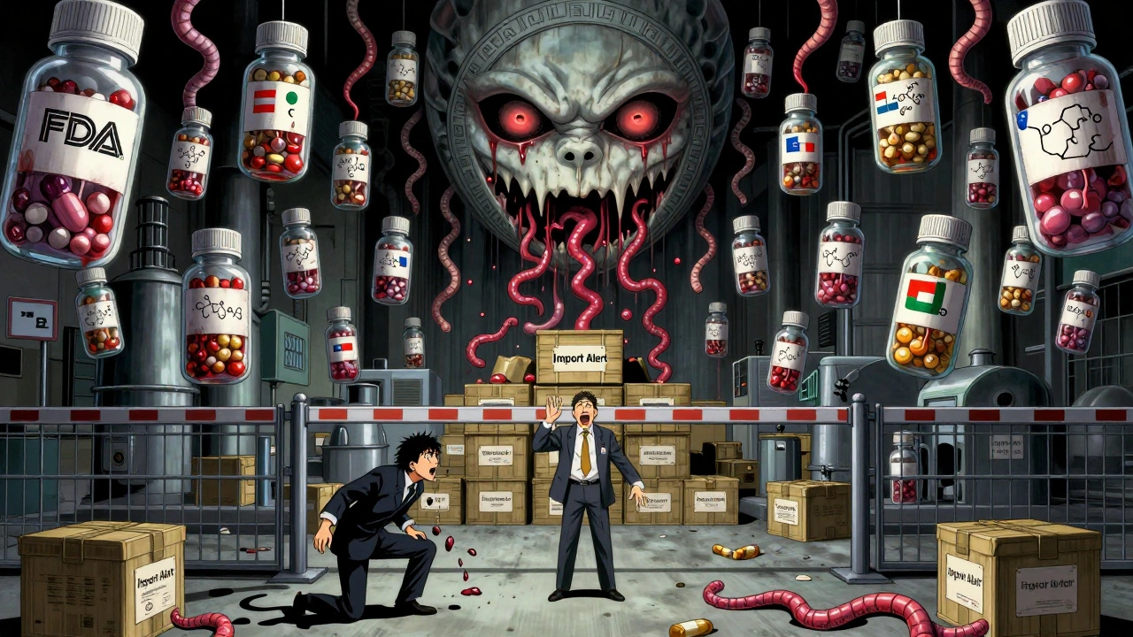 Pill bottles floating as serpentine worms at a border checkpoint under a giant FDA seal.