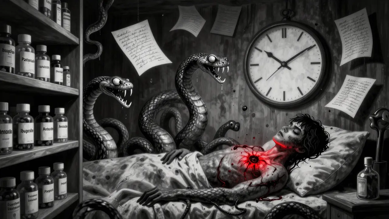 Pill bottles transform into serpents around a patient with a glowing heartburn mark in a dark pharmacy.