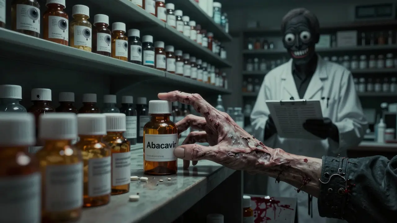 Pill bottles with human eyes stare out as a hand turns to flaking skin in a creepy pharmacy.