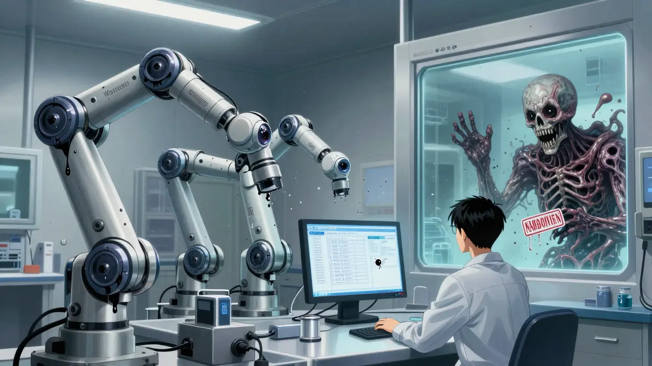 Robotic arms fused with flesh in a cleanroom, particulates forming screaming mouths, a technician's hollow reflection.