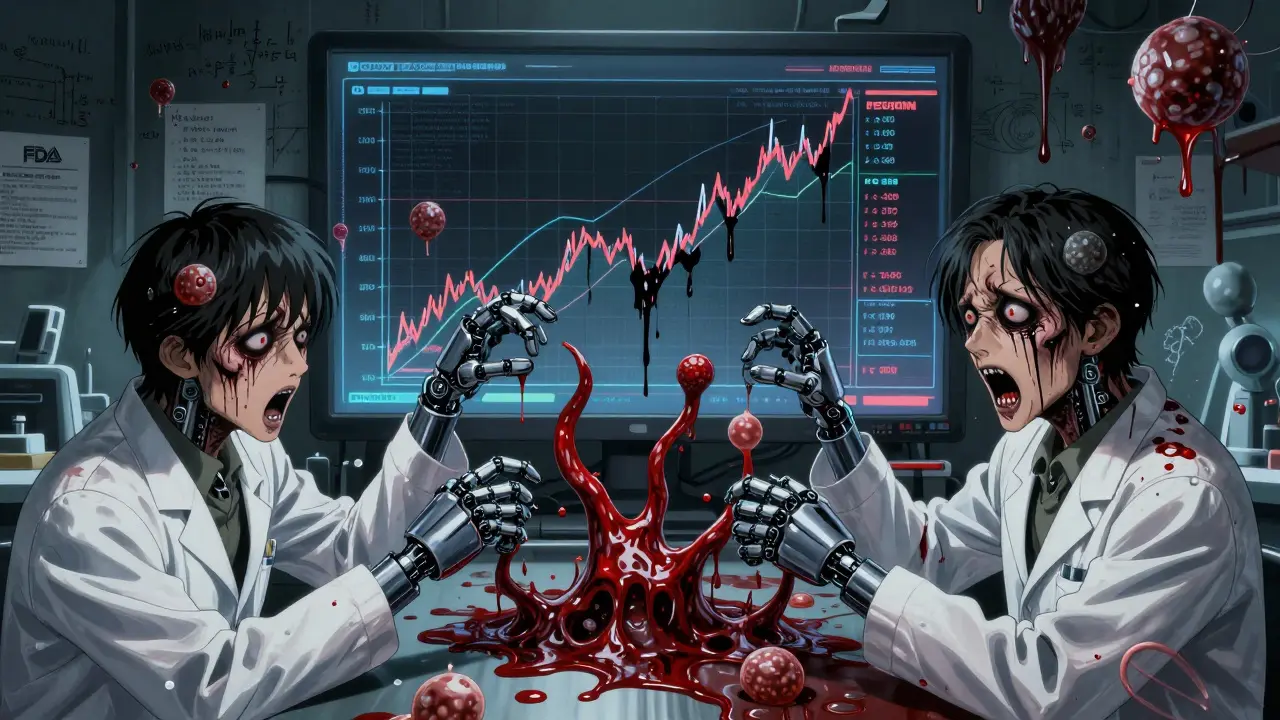 Scientists with robotic arms manipulating nanoparticles that twist into screaming faces in a lab.