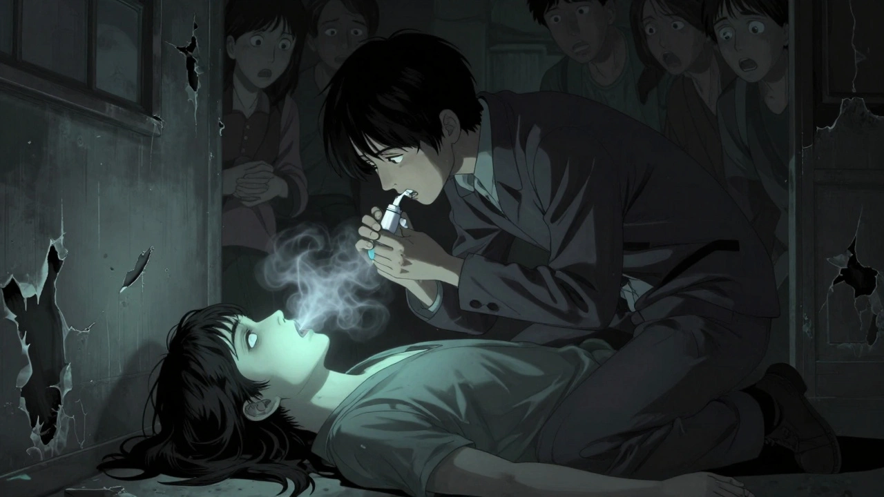 Someone administering rescue breaths to an overdose victim, ghostly mist rising as distorted figures watch in horror.