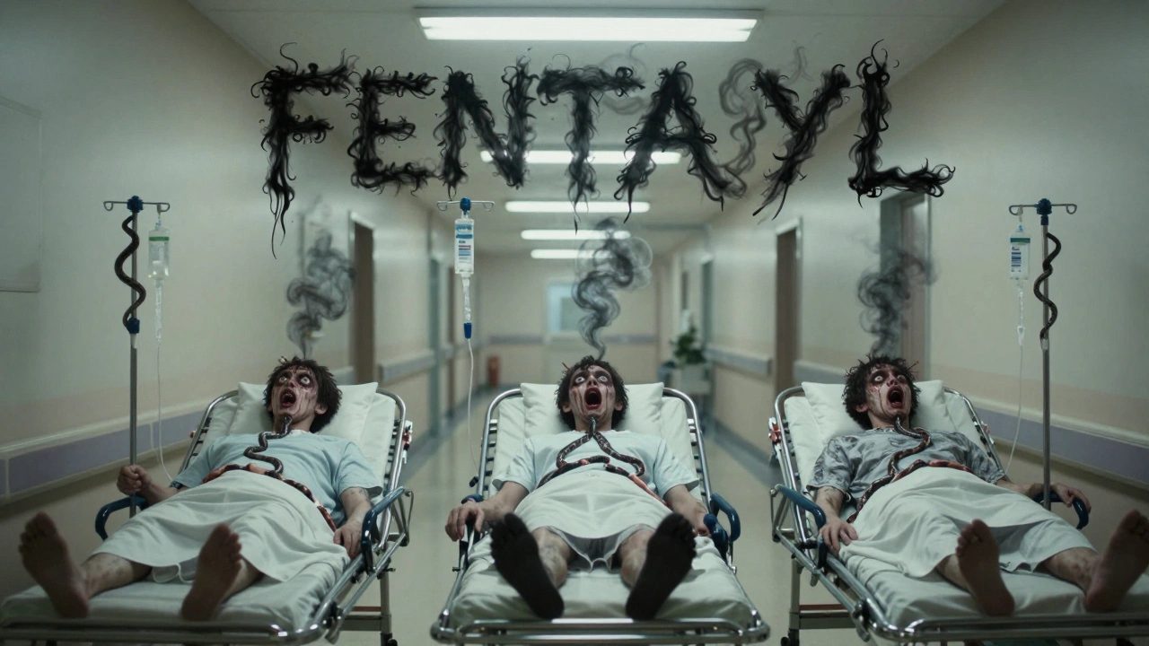 Three identical overdose victims in a hospital hallway, IV tubes twisting like snakes, black smoke forming the word &#039;FENTANYL&#039;.