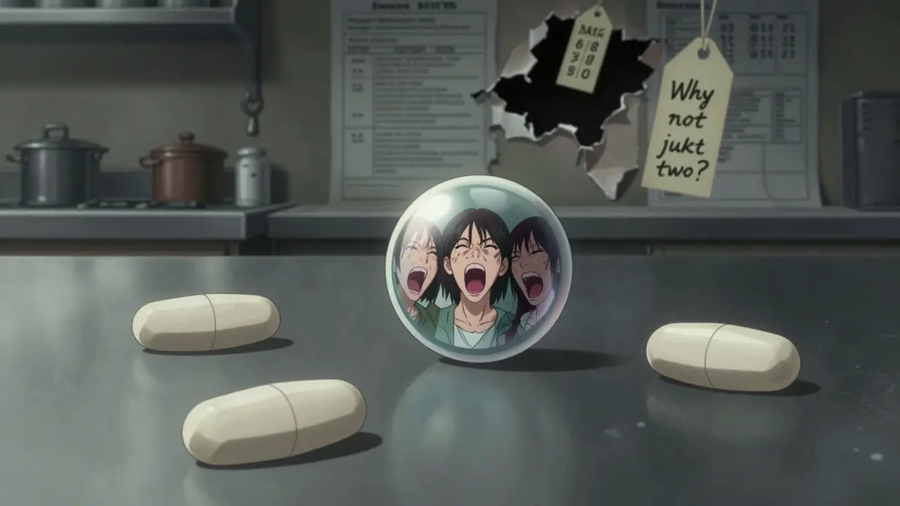 Three separate pills scattered on a table while a single combination pill reflects distorted faces.