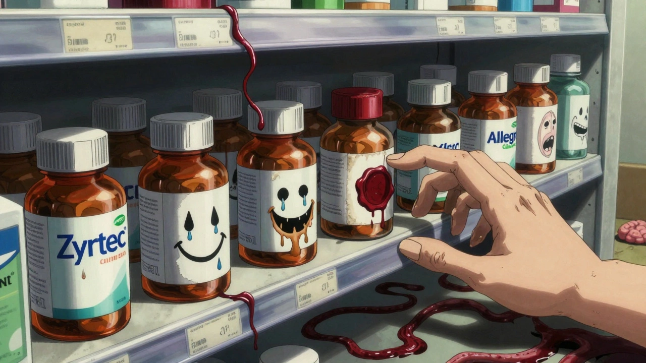 Warped OTC allergy medication bottles on a shelf, their labels twisting into screaming faces.