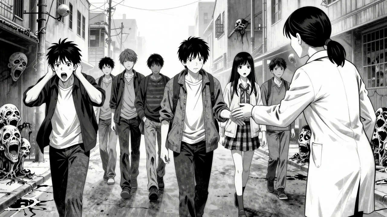 Young people walking through a foggy city, each haunted by invisible horrors, with a case manager reaching out.