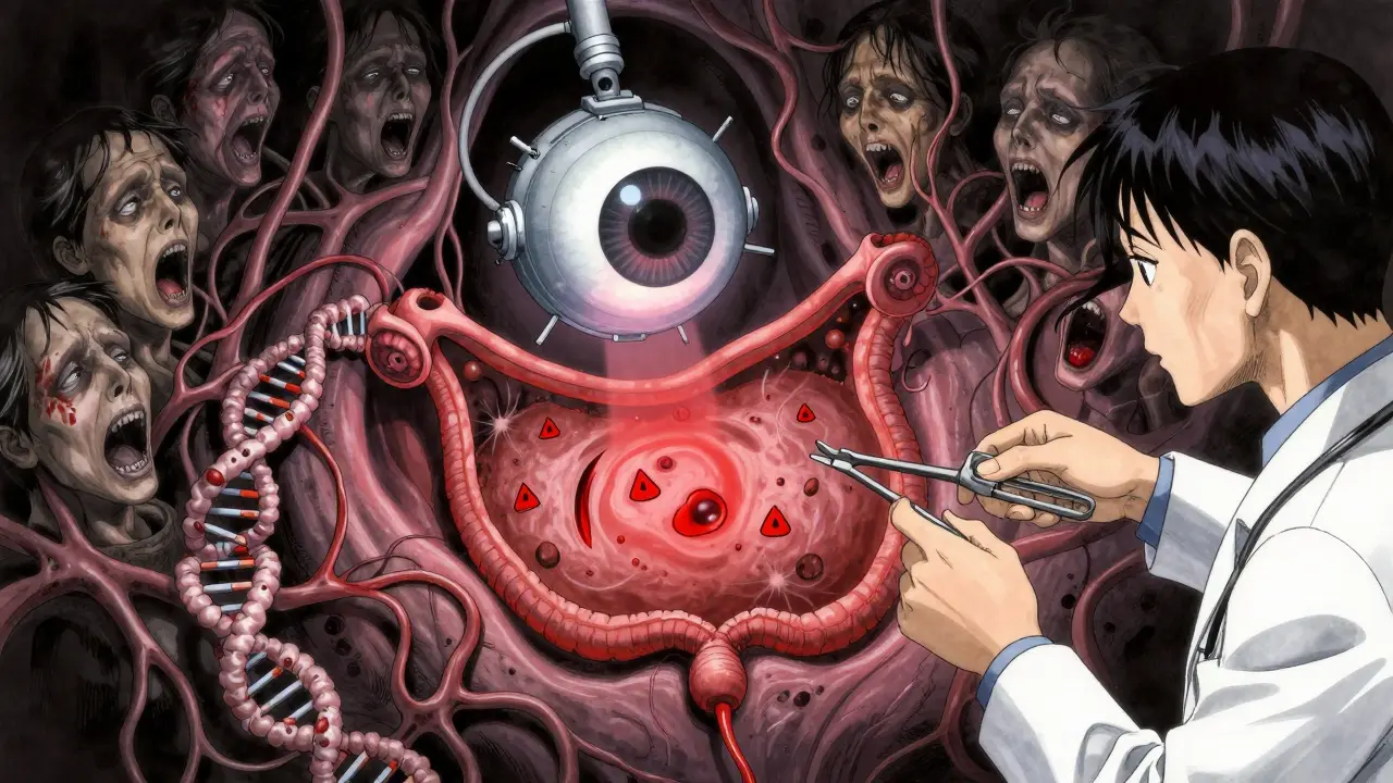 A colonoscopy scene with AI warnings over invisible lesions, colon walls transformed into screaming faces.