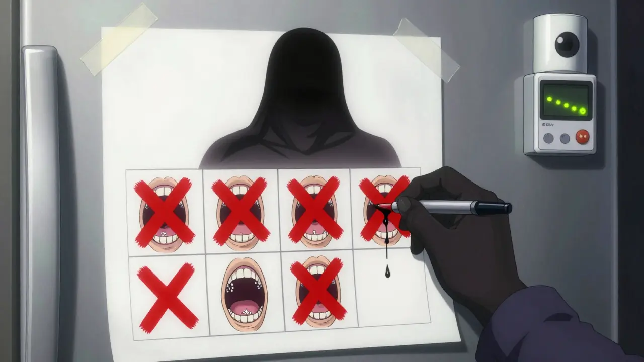 A fridge calendar with screaming X's made of pills, a shadowy figure reaching to mark another.