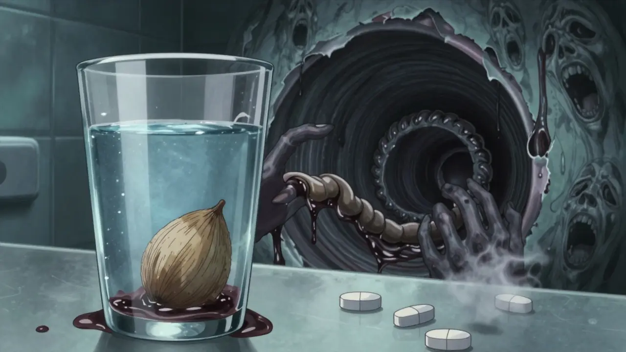 A glass of water turning to gel with psyllium husk, ghostly hands pulling intestines into a spiraling tunnel.