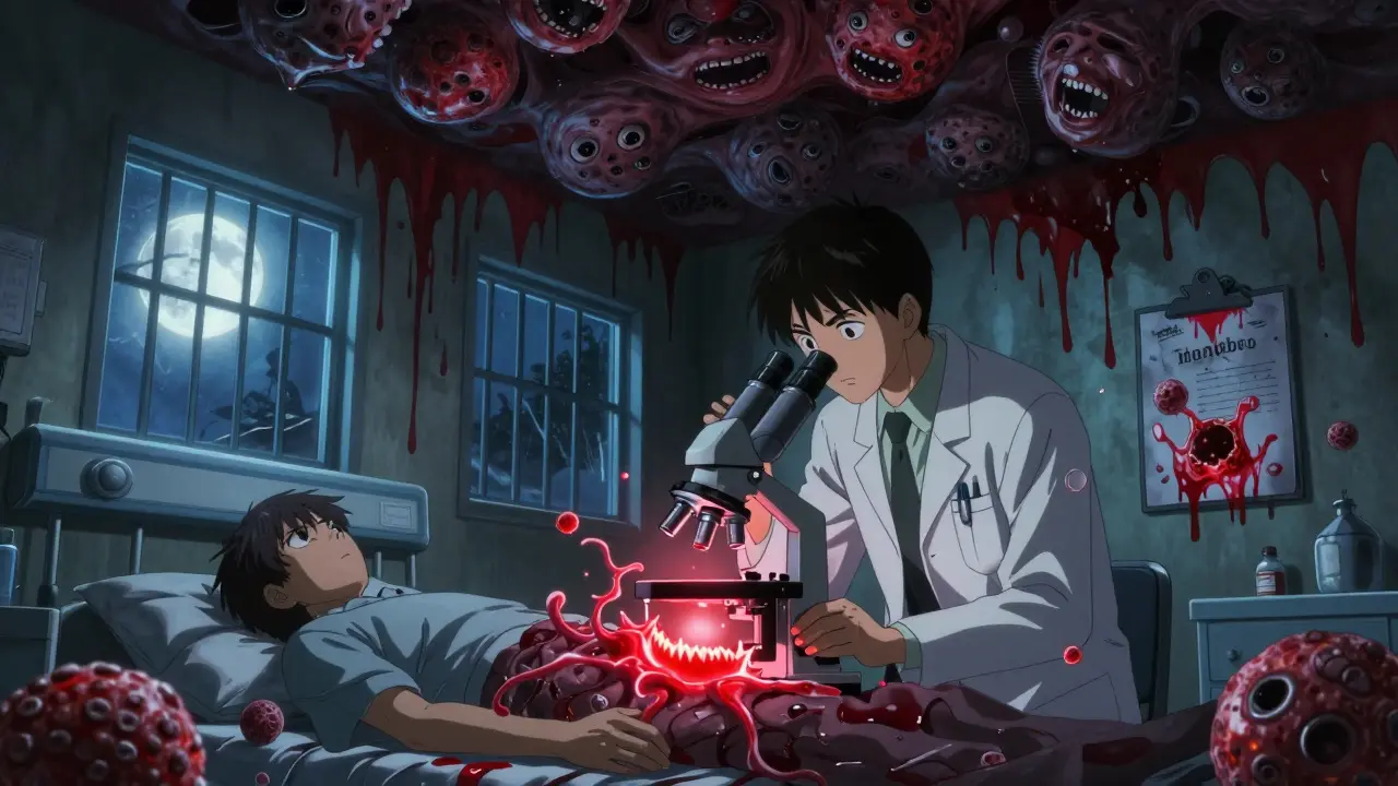 A glowing urine sample transforming into toothed cancer cells under a microscope in a blood-stained hospital.
