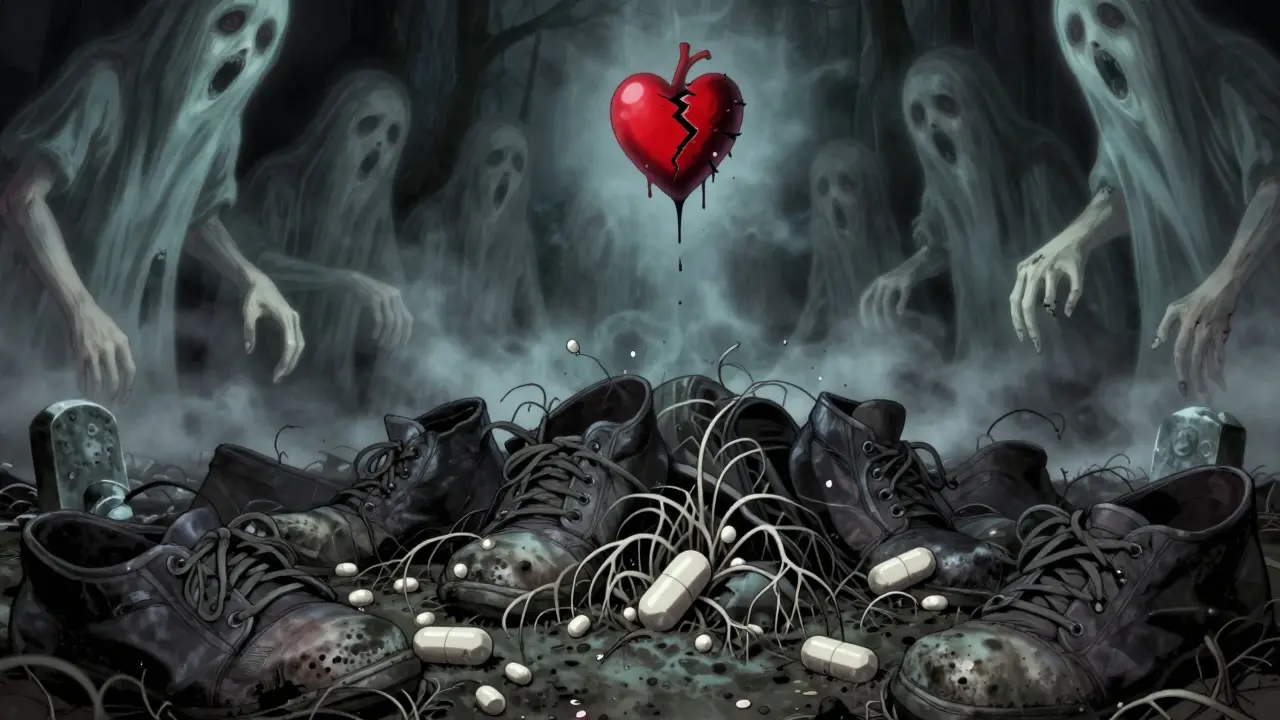 A graveyard of pills with root-like tendrils beneath worn shoes, surrounded by ghostly, swollen figures.