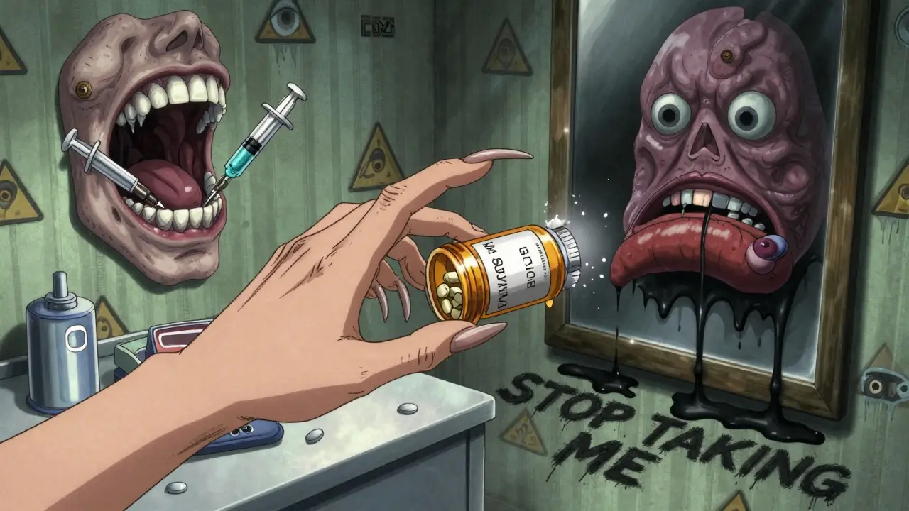 A hand reaching for a pill bottle that has turned into a monstrous mouth, reflecting a sentient inflamed pancreas.