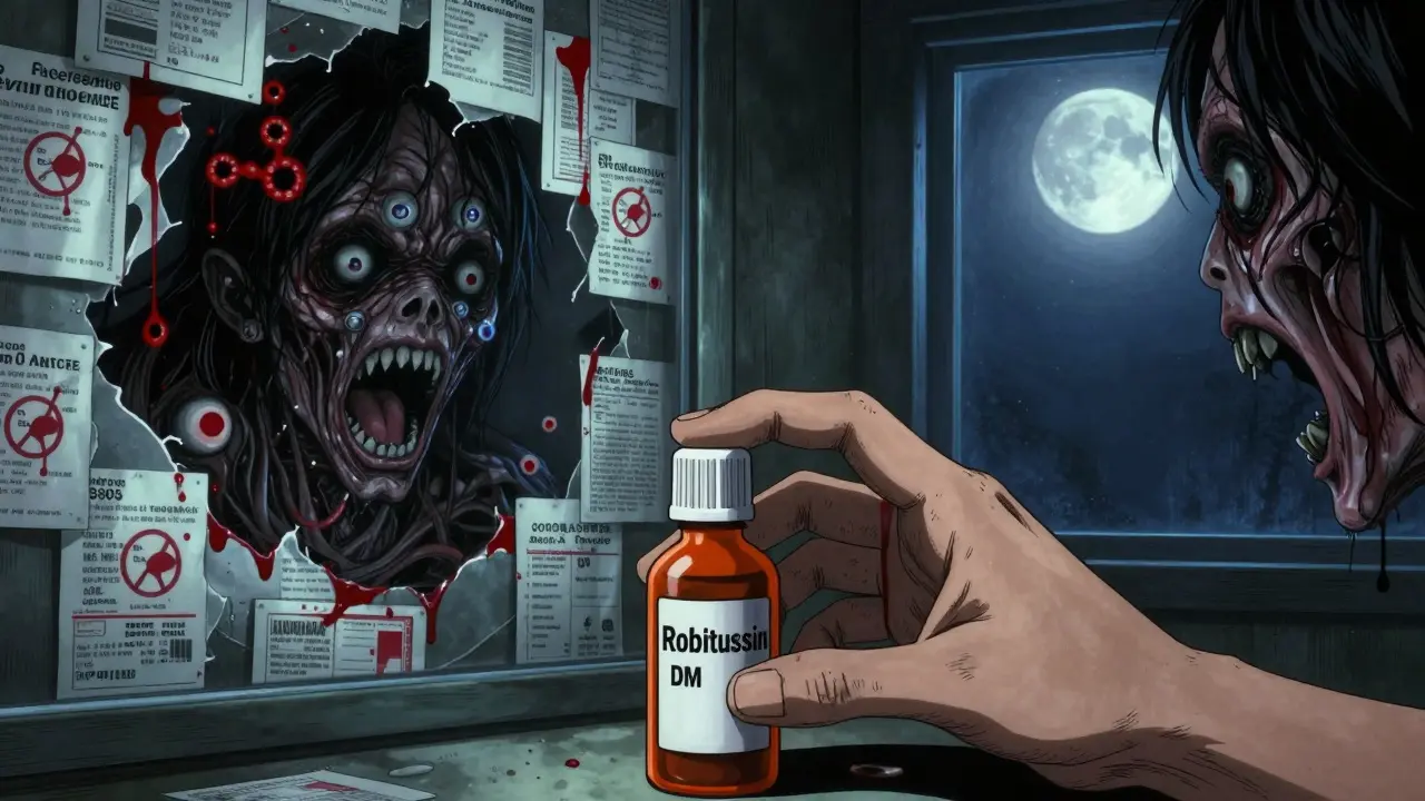 A hand reaching for cough syrup, reflection showing a monstrous self, prescription labels peeling into screaming faces.
