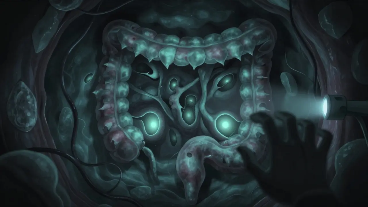 A hidden flat serrated polyp camouflaged in colon folds, with glowing saw-tooth edges and pulsing crypts.