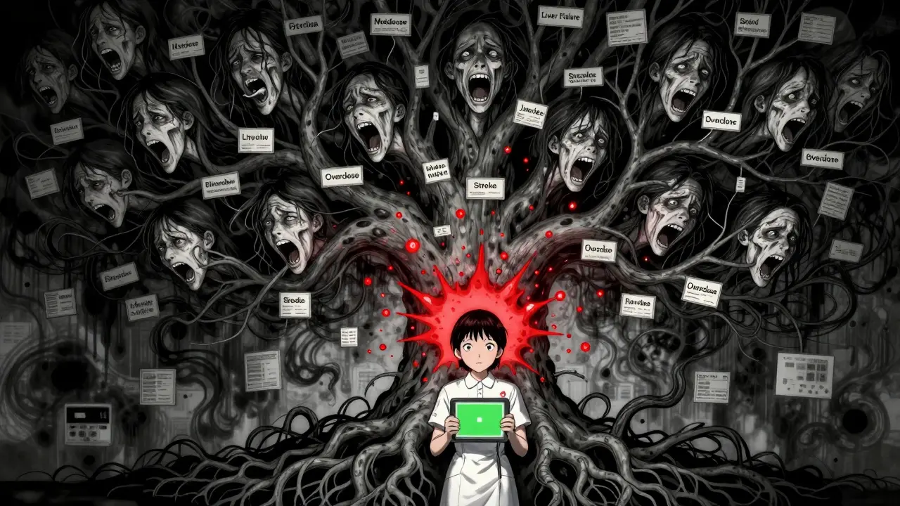 A monstrous data tree with screaming patient faces growing from medical databases, a nurse overwhelmed by exploding red drug alerts.