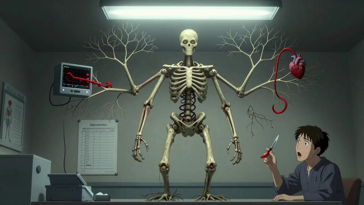 A monstrous decision tree machine with skeletal limbs piercing medical charts, under flickering light as a reviewer watches in dread.