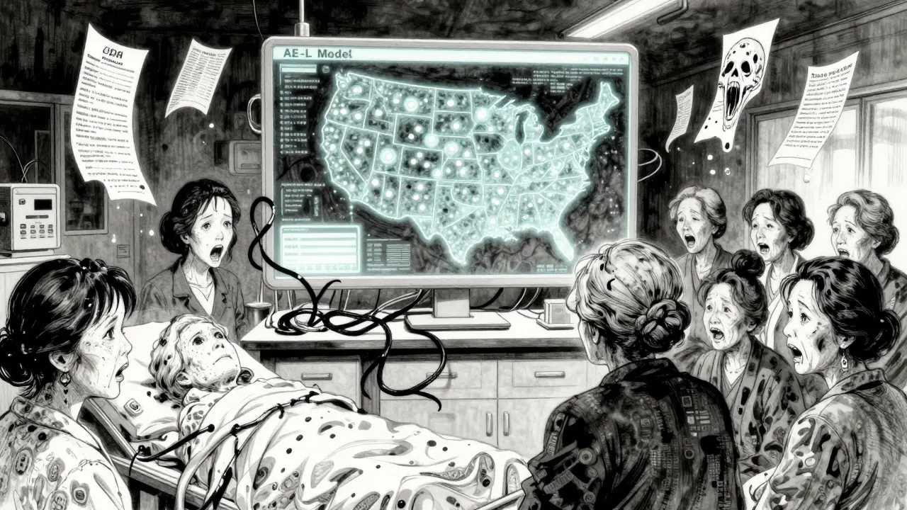 A nightmare lab where patient reports turn to screaming faces, and AI tendrils target vulnerable groups under a glowing risk map.