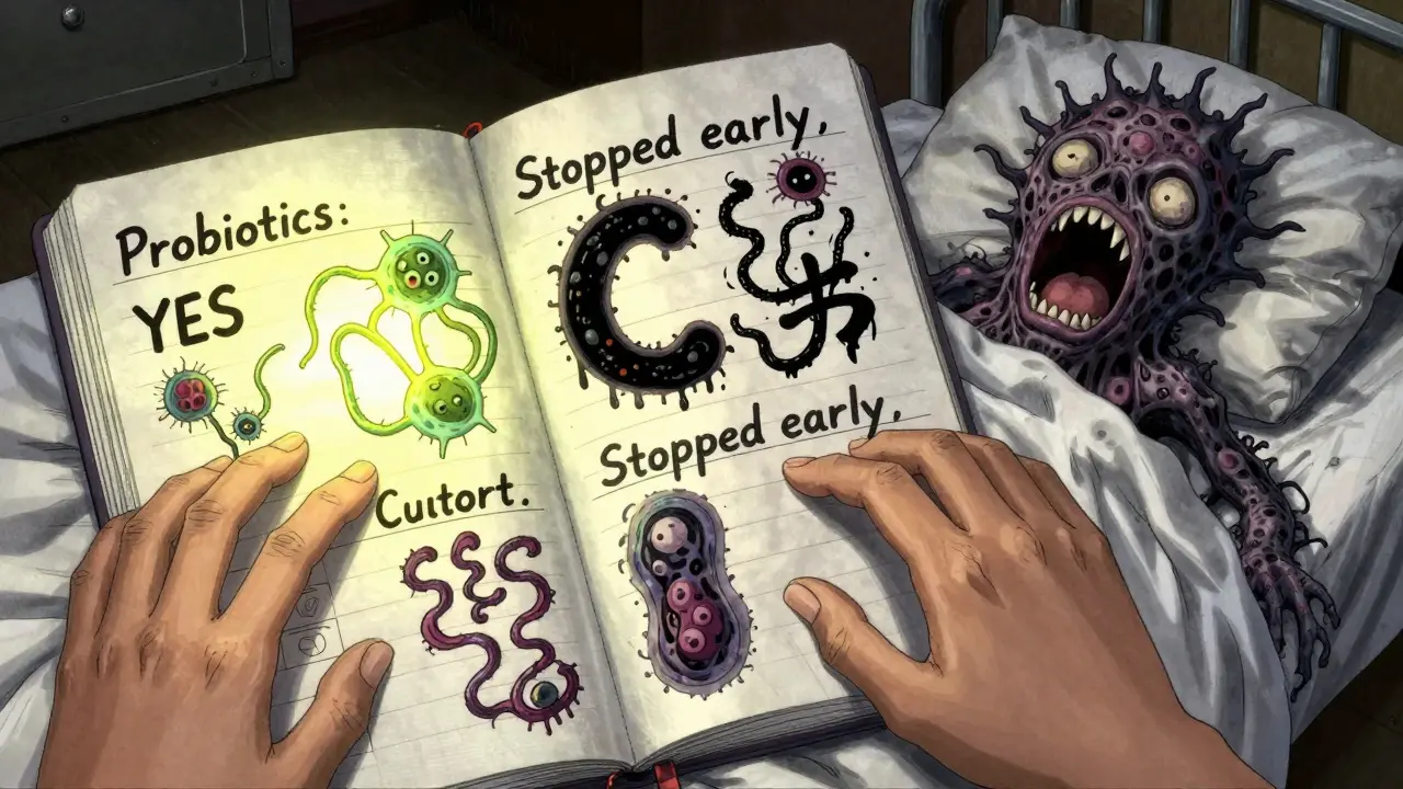 A notebook's handwritten entries turn into crawling bacteria, with one glowing entry resisting a looming C. diff monster.