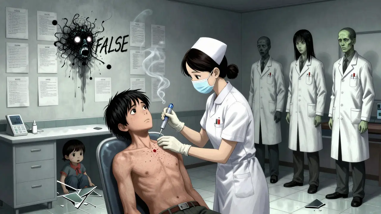 A nurse performing a skin test as dark spores form a whispering face, while patient records dissolve into ash behind them.