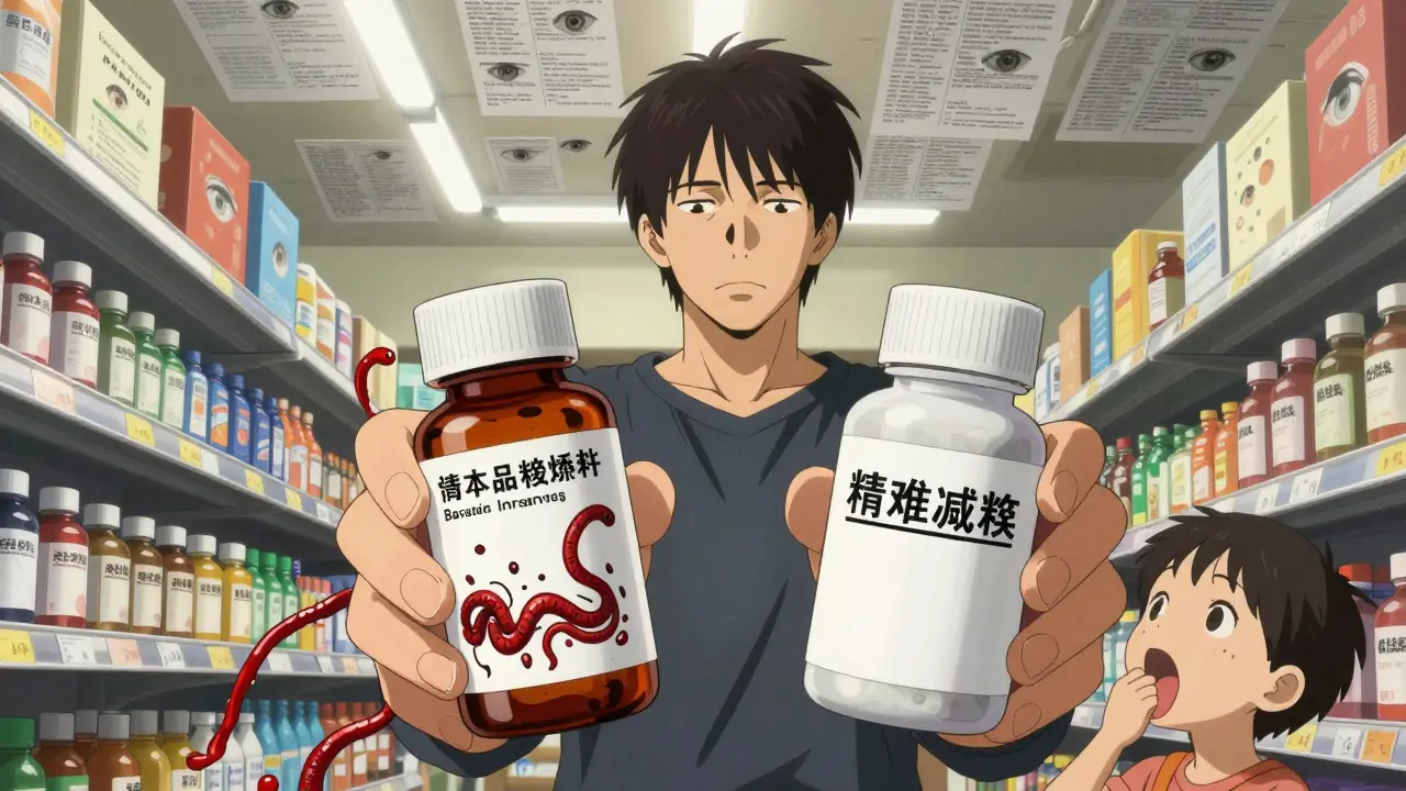 A parent holds two medication bottles as creepy inactive ingredients crawl out of the labels toward a child's mouth.