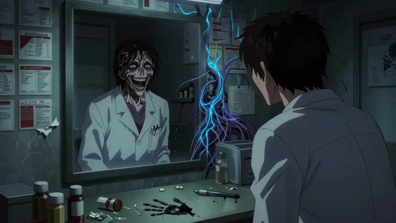 A patient's reflection in a mirror shows a monstrous, shaking version of themselves while prescription labels peel away like skin into writhing nerves.