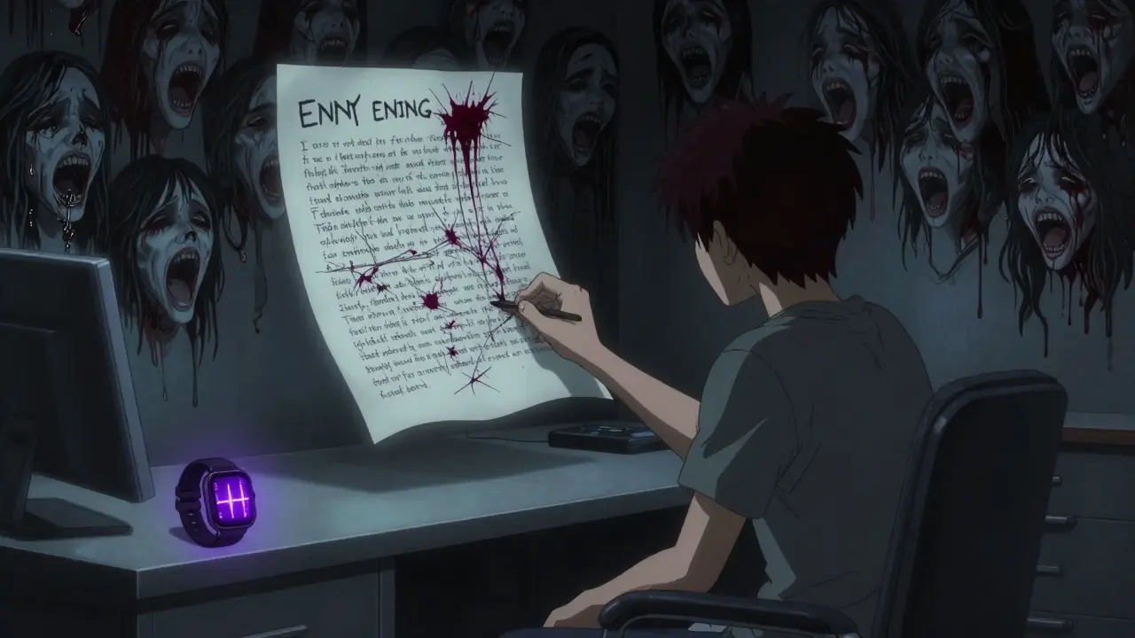 A patient facing a floating, rewriting nightmare script, with screaming faces on the walls and a vibrating Apple Watch on the desk.