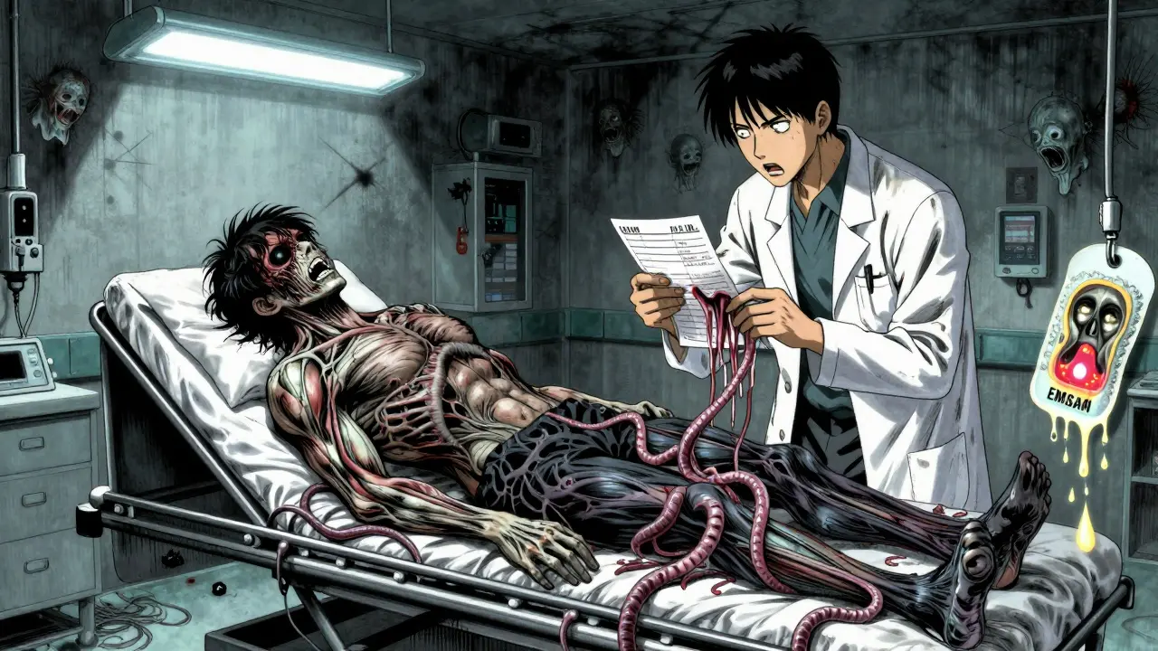 A patient in ER convulsing with veins bulging, EMSAM patch pulsing as serotonin droplets form screaming faces on the floor.