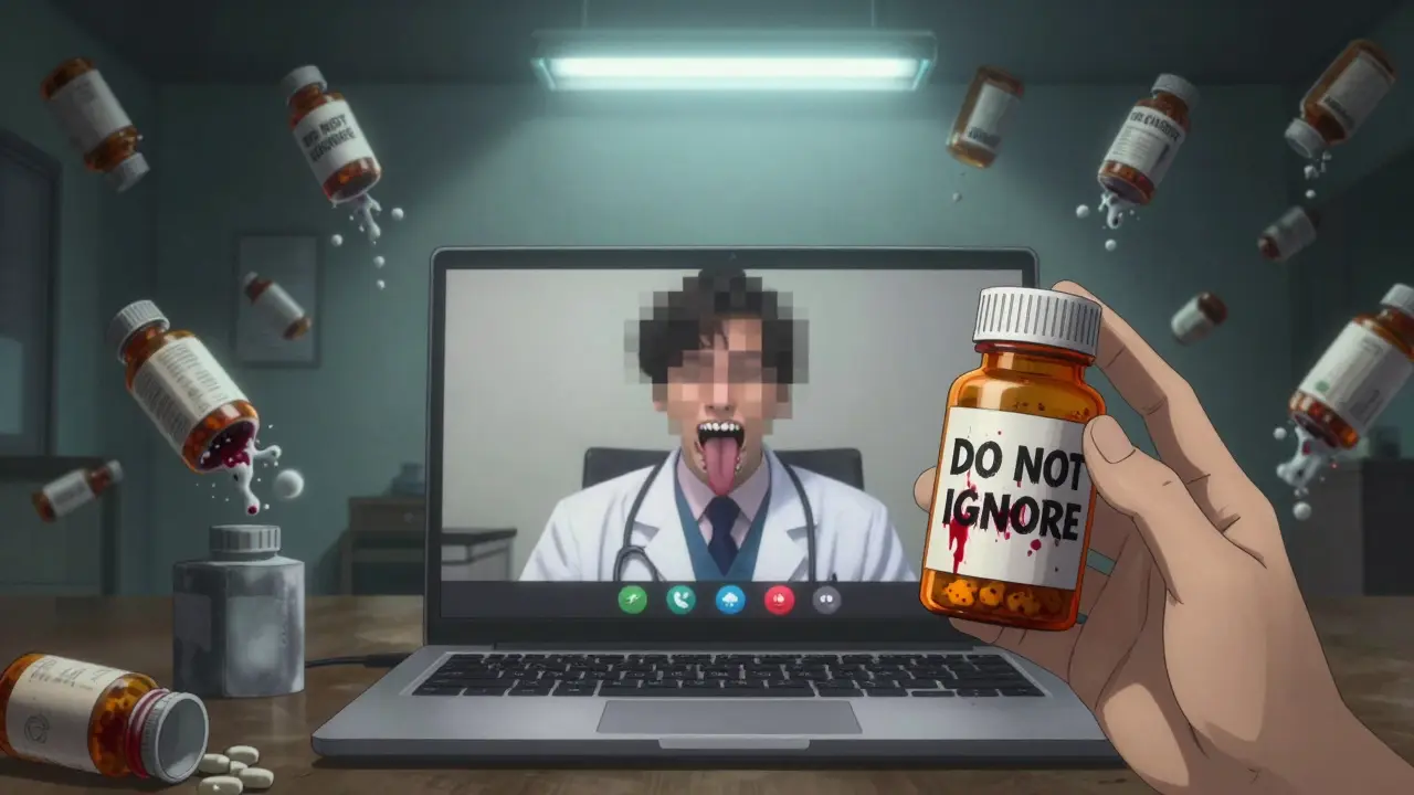 A patient showing a pill bottle with teeth during a video call, decaying bottles dissolving in the background.