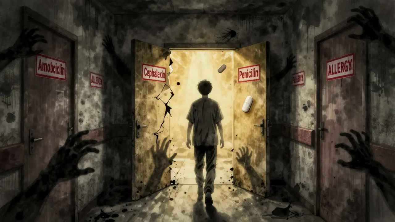 A person walking down a hospital corridor with sealed doors labeled with antibiotics, one door opening to reveal a golden pill in the light.