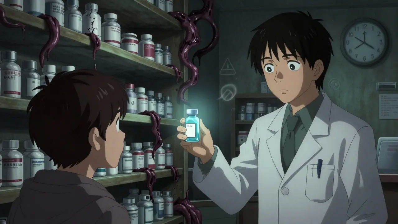 A pharmacist gives a probiotic vial to a patient in a pharmacy where antibiotic shelves twist into monstrous forms.