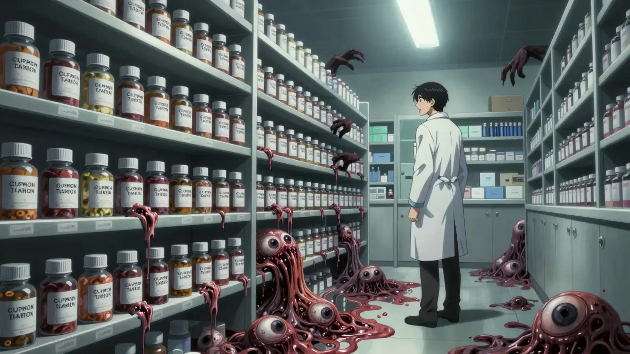 A pharmacy shelf where half the medications are melting into fleshy, eye-like masses.